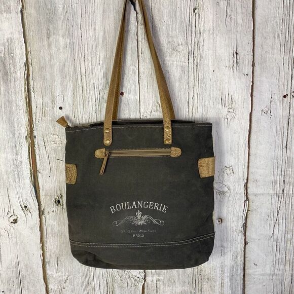 Myra The Gypsy Upcycled Canvas and Genuine Cowhide Leather Tote Bag - Picture 1 of 12